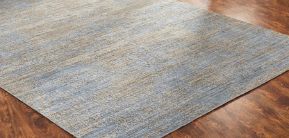 Round shape option, transitional wool-silk rug in blue and gray