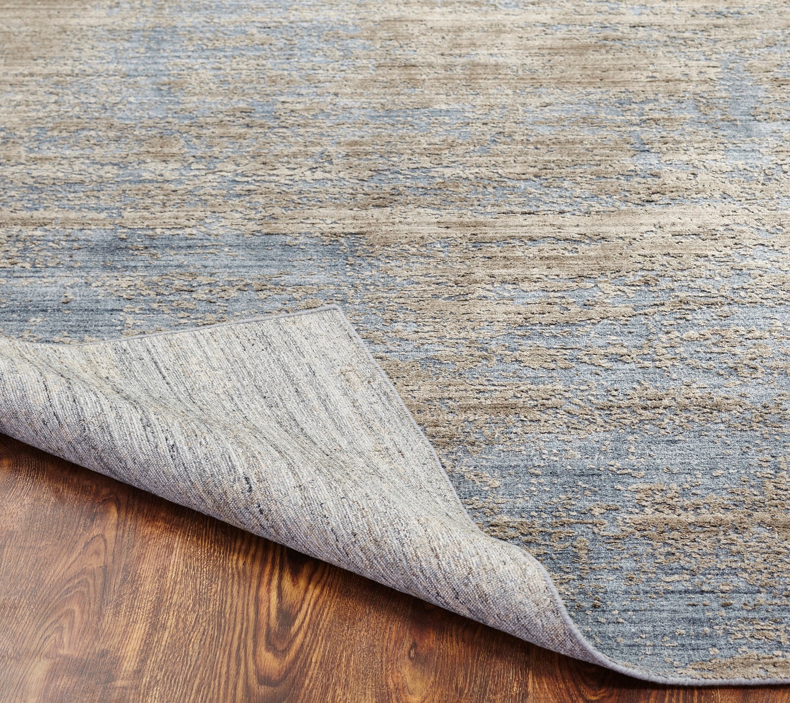 Square shape option, transitional wool-silk rug in blue and gray