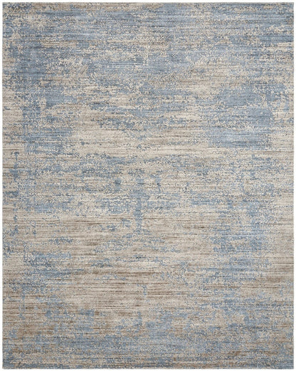Transitional handloom wool-silk rug in blue and gray, full view