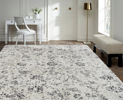 Gray and white transitional silk rug in room setting