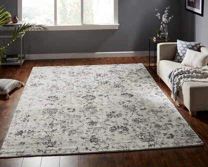 Square shape option, transitional silk rug in gray and white