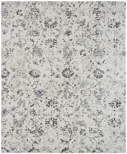 Transitional handloom silk rug in gray and white, full view