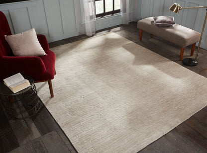 Beige transitional wool-silk rug in room setting