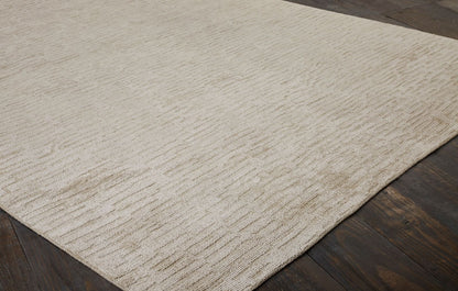 Round shape option, transitional wool-silk rug in beige