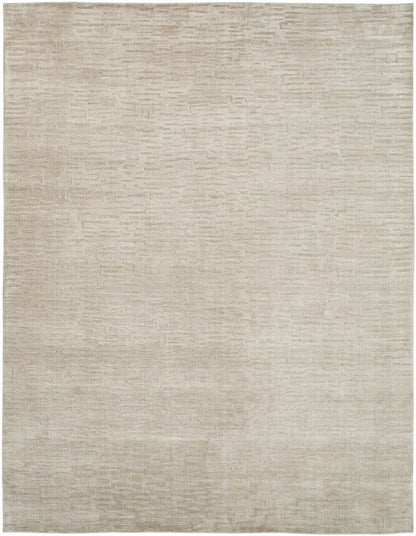 Transitional handloom wool-silk rug in beige, full view
