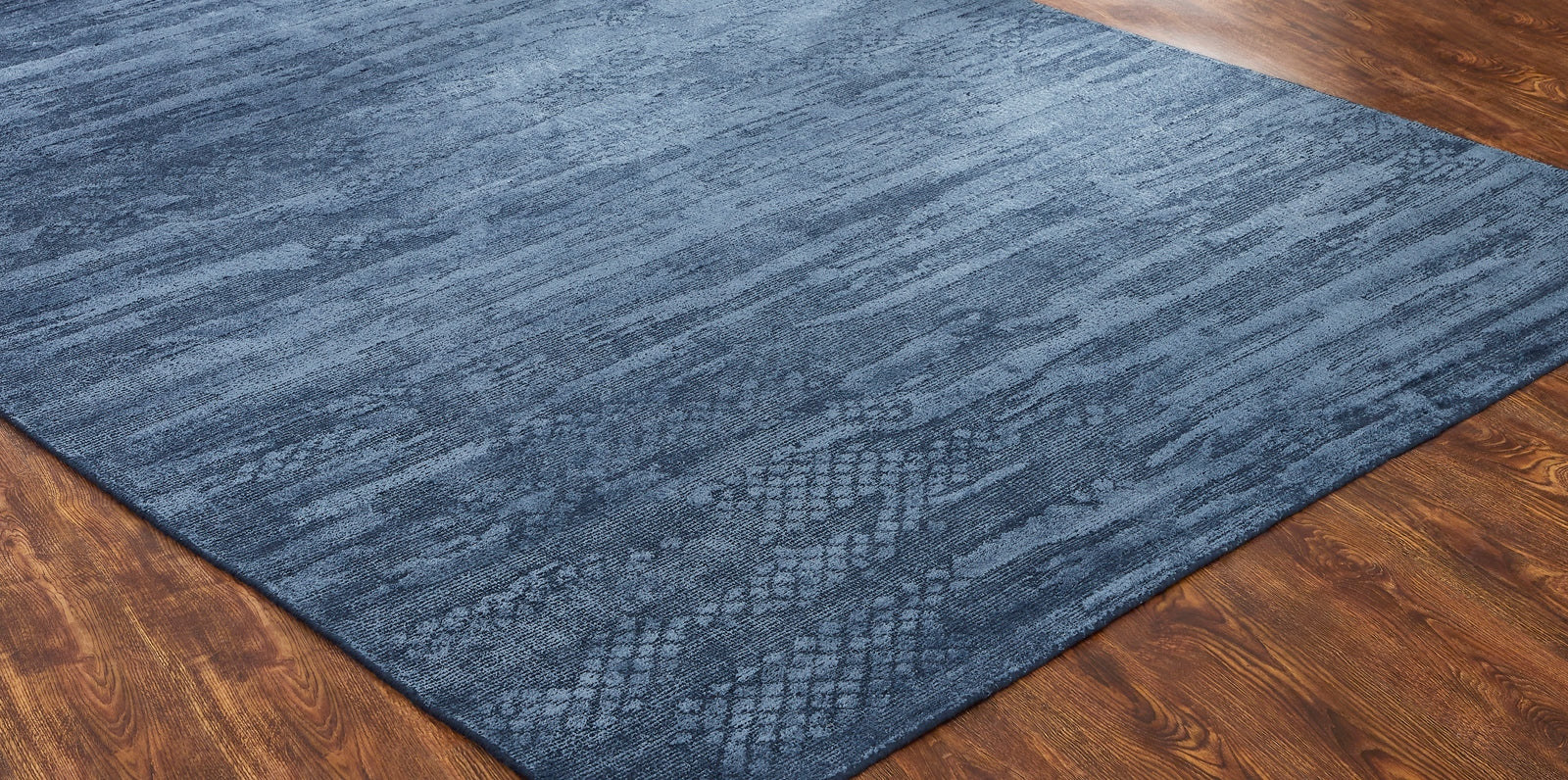 Round shape option, transitional wool-silk rug in blue