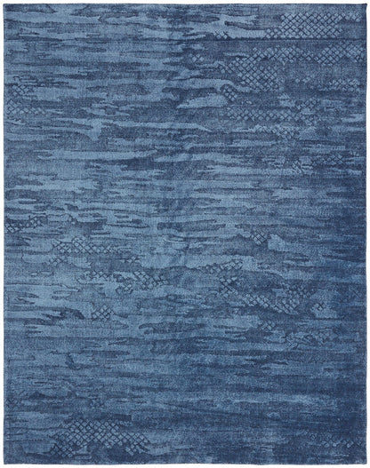 Transitional handloom wool-silk rug in blue, full view