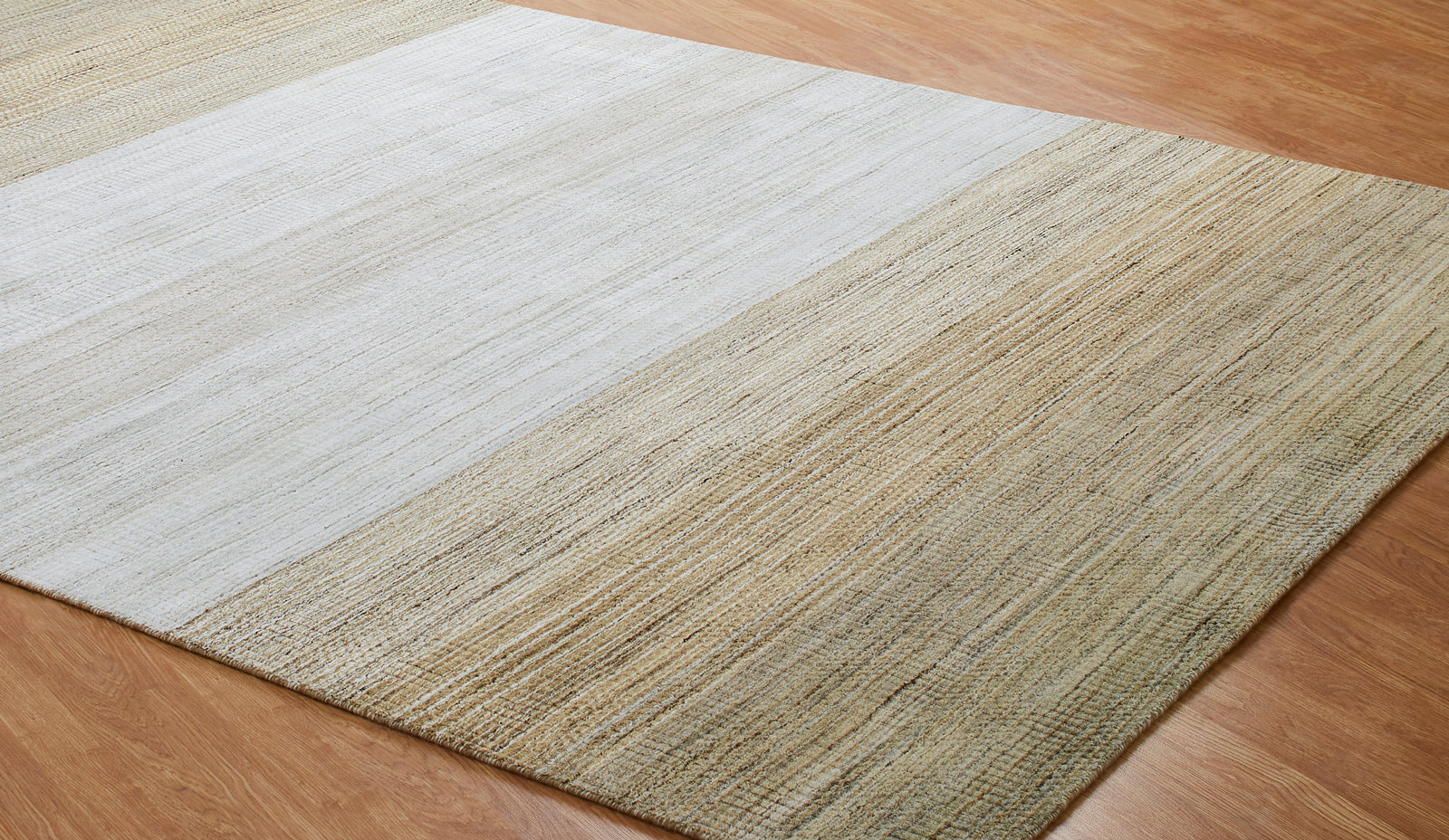 Round shape option, transitional wool-silk rug in white and beige