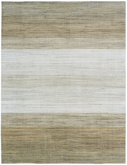 Transitional handloom wool-silk rug in white and beige, full view