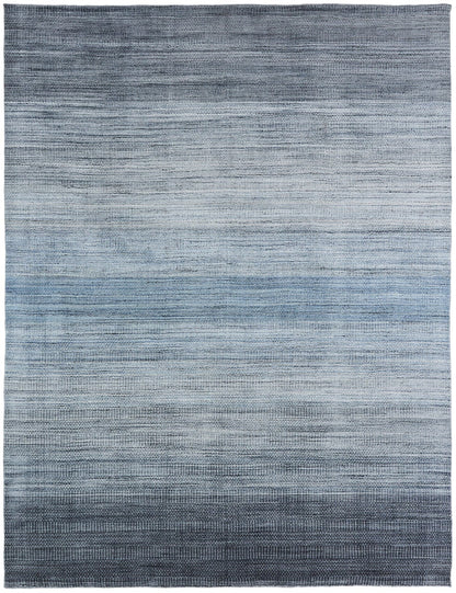 Transitional handloom wool-silk rug in blue and muted blue, full view