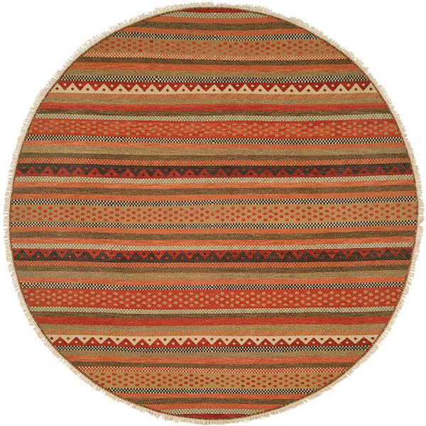 Round shape option, nomadic wool rug in rust and gold