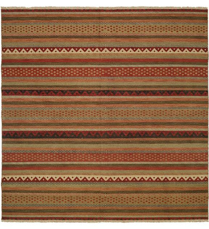 Square shape option, nomadic wool rug in rust and gold