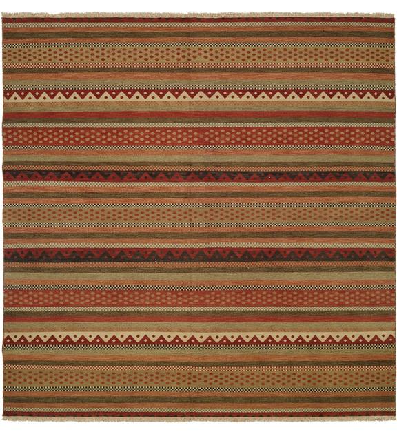 Square shape option, nomadic wool rug in rust and gold