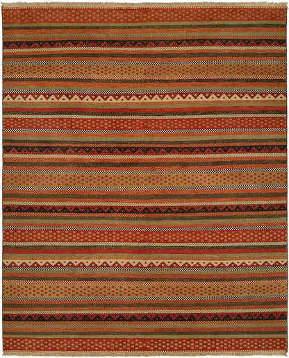 Nomadic hand-knotted wool rug in rust and gold, full view