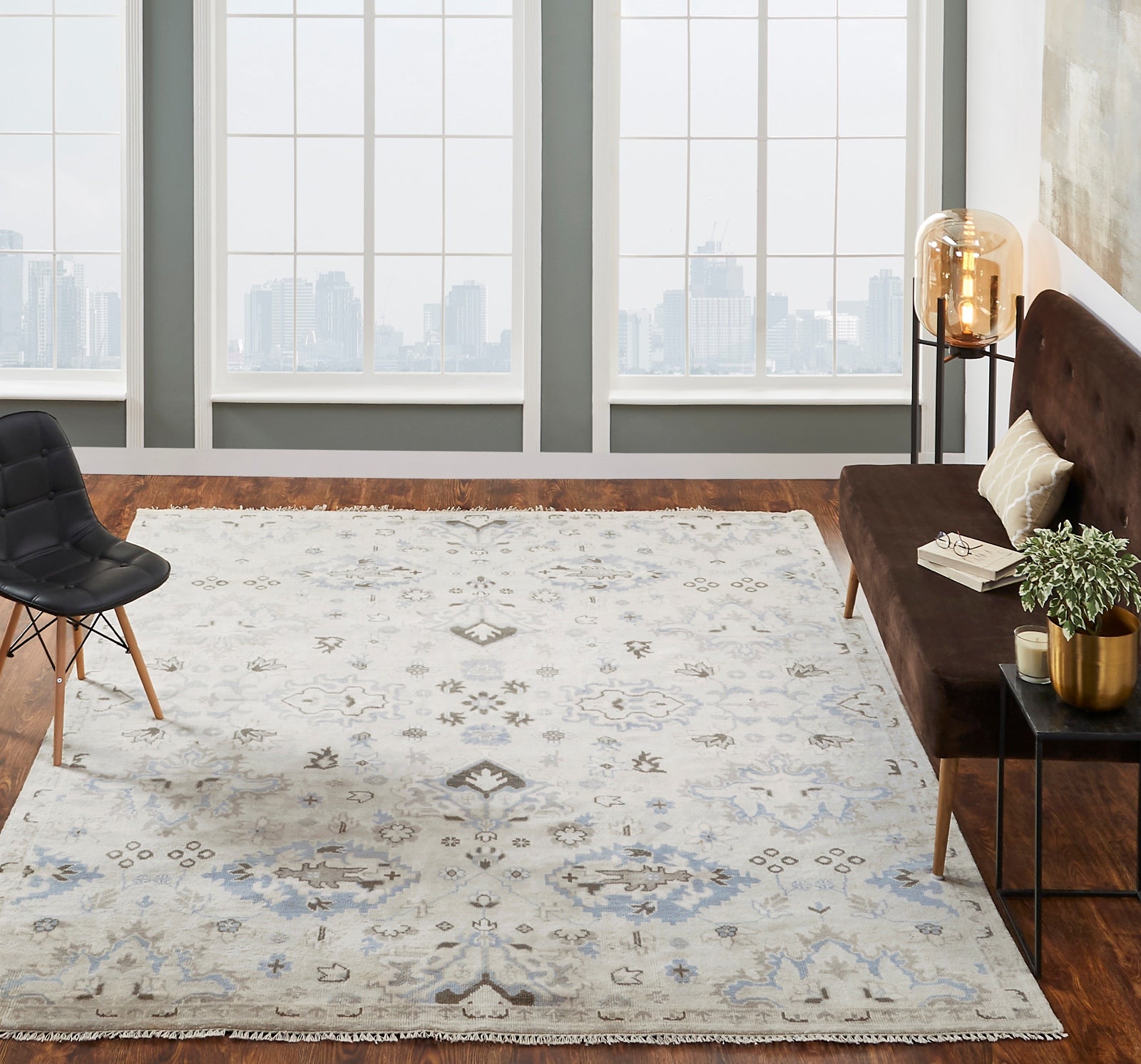 Beige and gray transitional wool rug in room setting