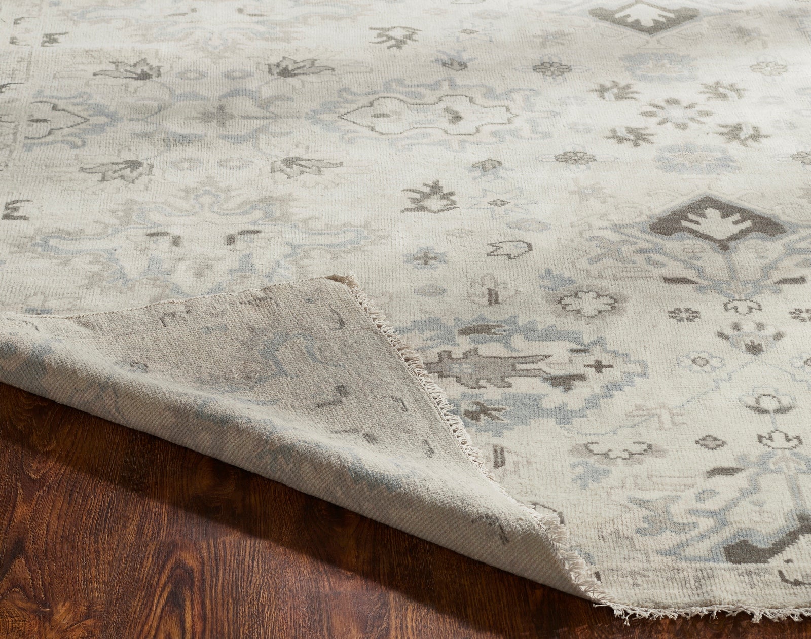 Square shape option, transitional wool rug in beige and gray
