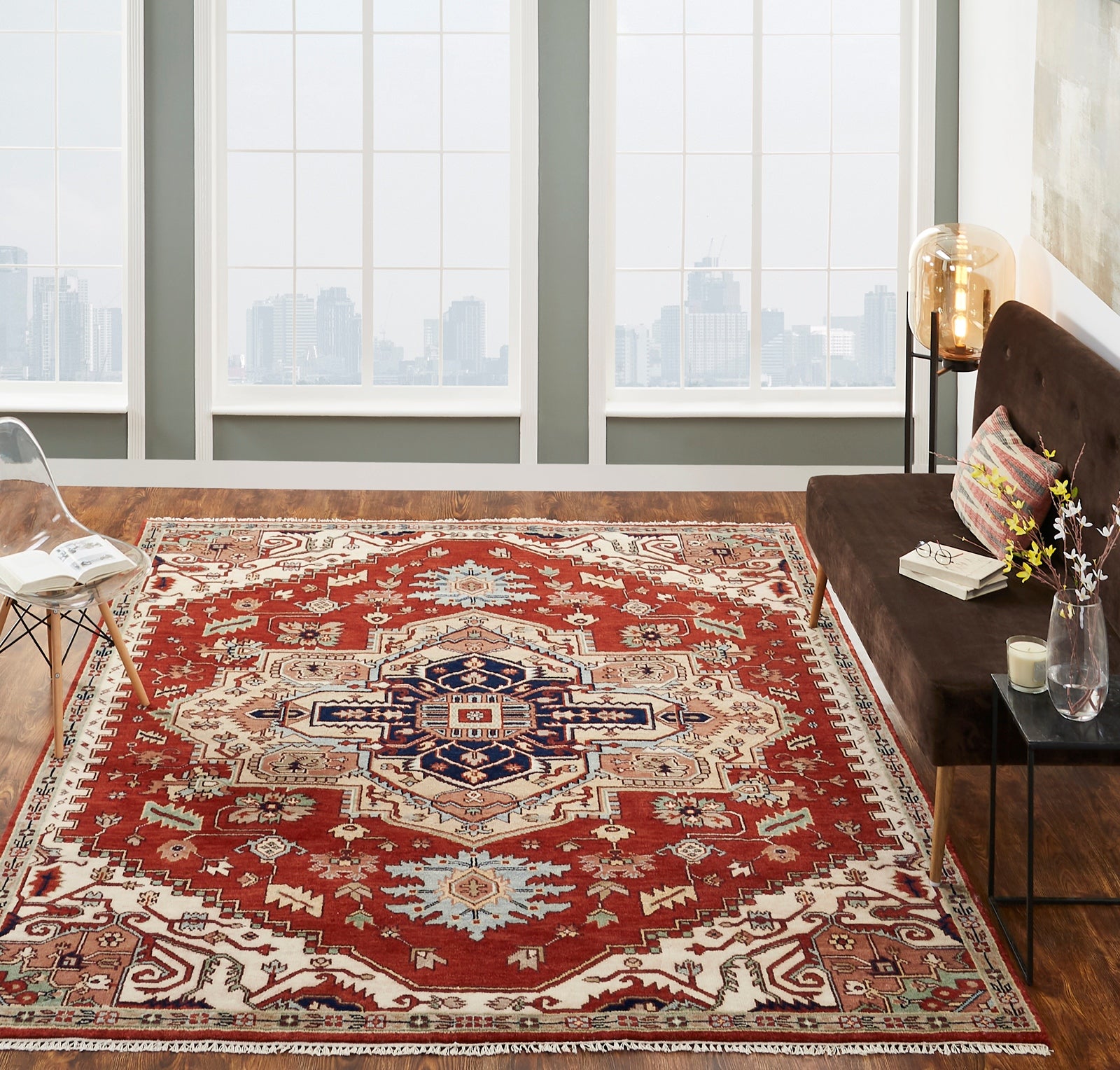 Beige and red Heriz rug in room setting
