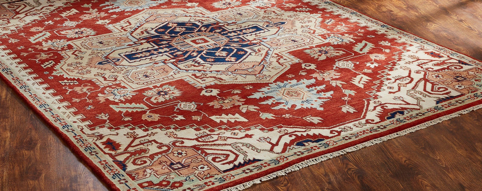 Round shape option, Heriz wool rug in beige and red