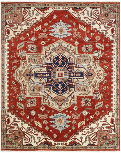 Heriz hand-knotted wool rug in beige and red, full view