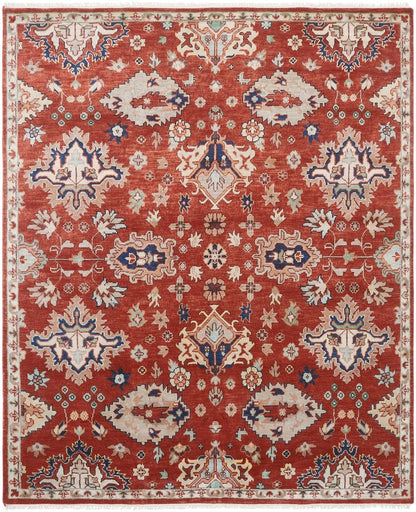 Southwest tribal hand-knotted wool rug in rust and beige, full view