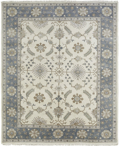 Tabriz hand-knotted wool rug in beige and blue, full view