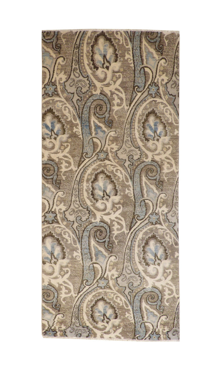 Oushak Ikat Chobi hand-knotted wool rug in Beige, Brown & Blue, full view