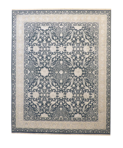 Traditional Haji Jalili hand-knotted wool-silk rug in Blue & White, full view