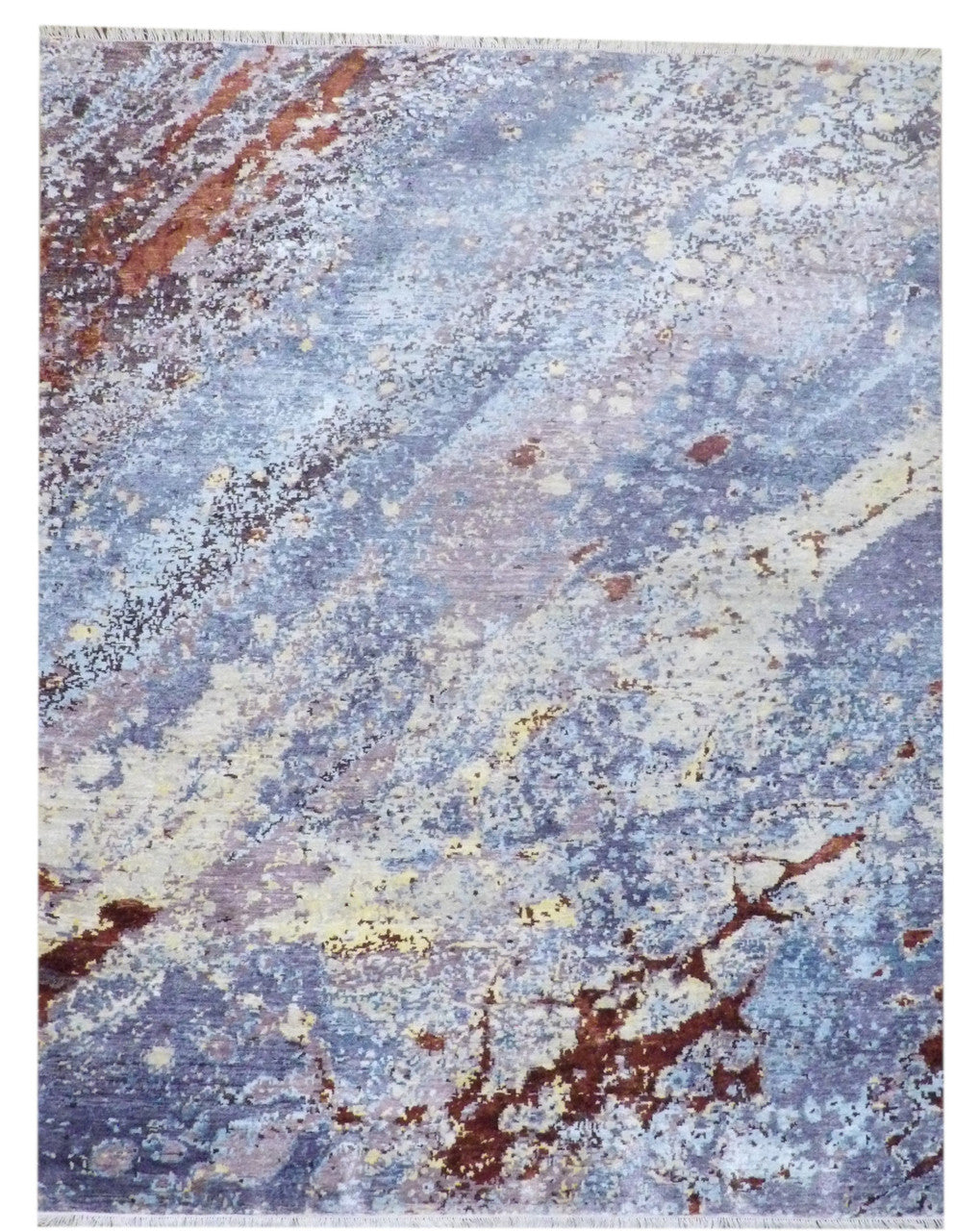 Transitional oxidized marble carved hand-knotted wool-silk rug in blue and brown, full view