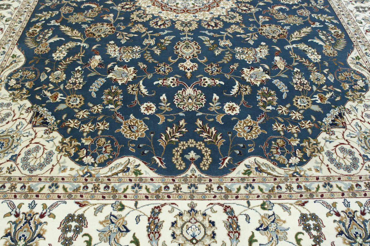 Traditional Fine Qum hand-knotted wool rug in Blue & Beige, full view