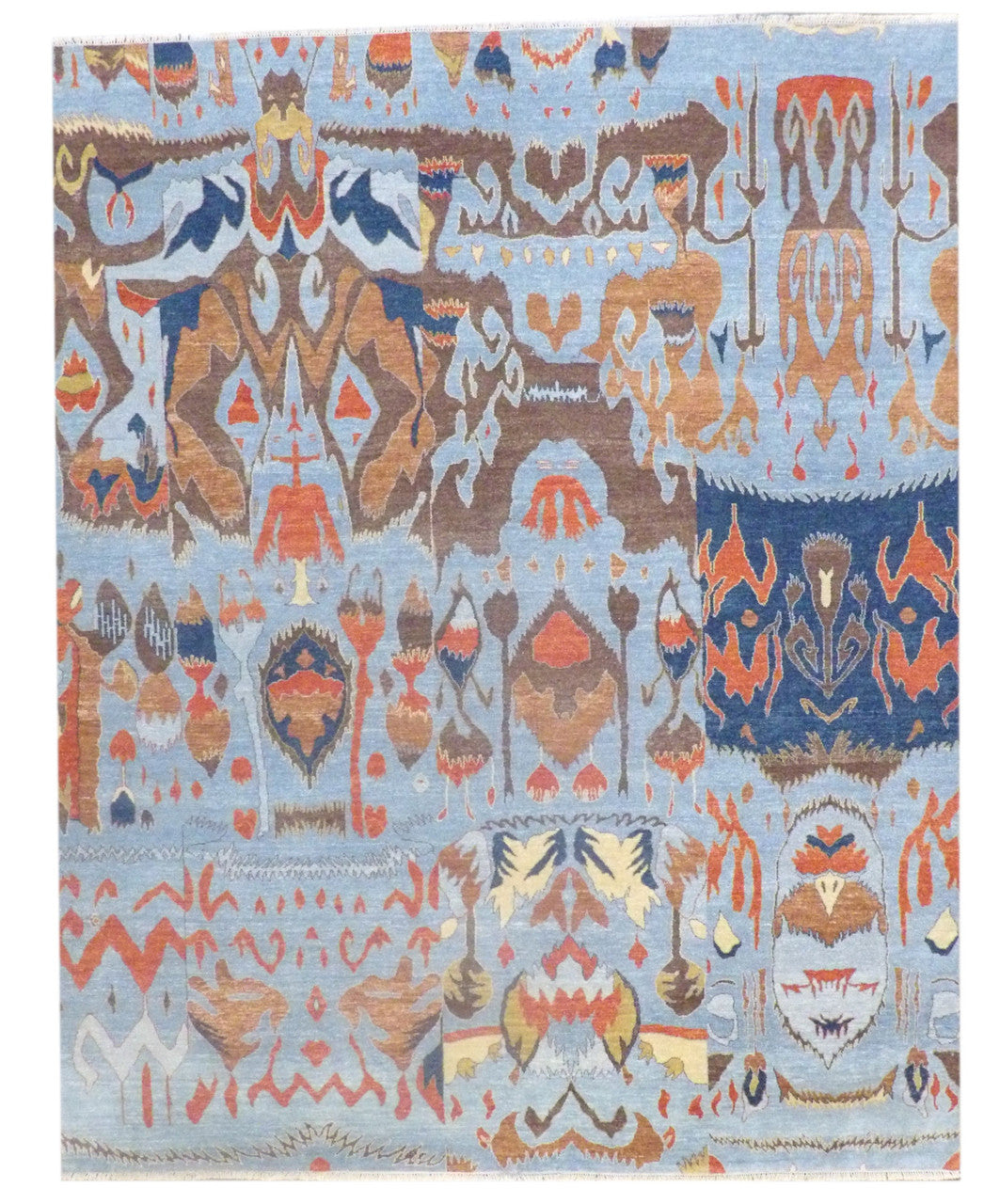 Moroccan Colorful Tribal Village Design hand-knotted wool rug in Blue & Rust, full view