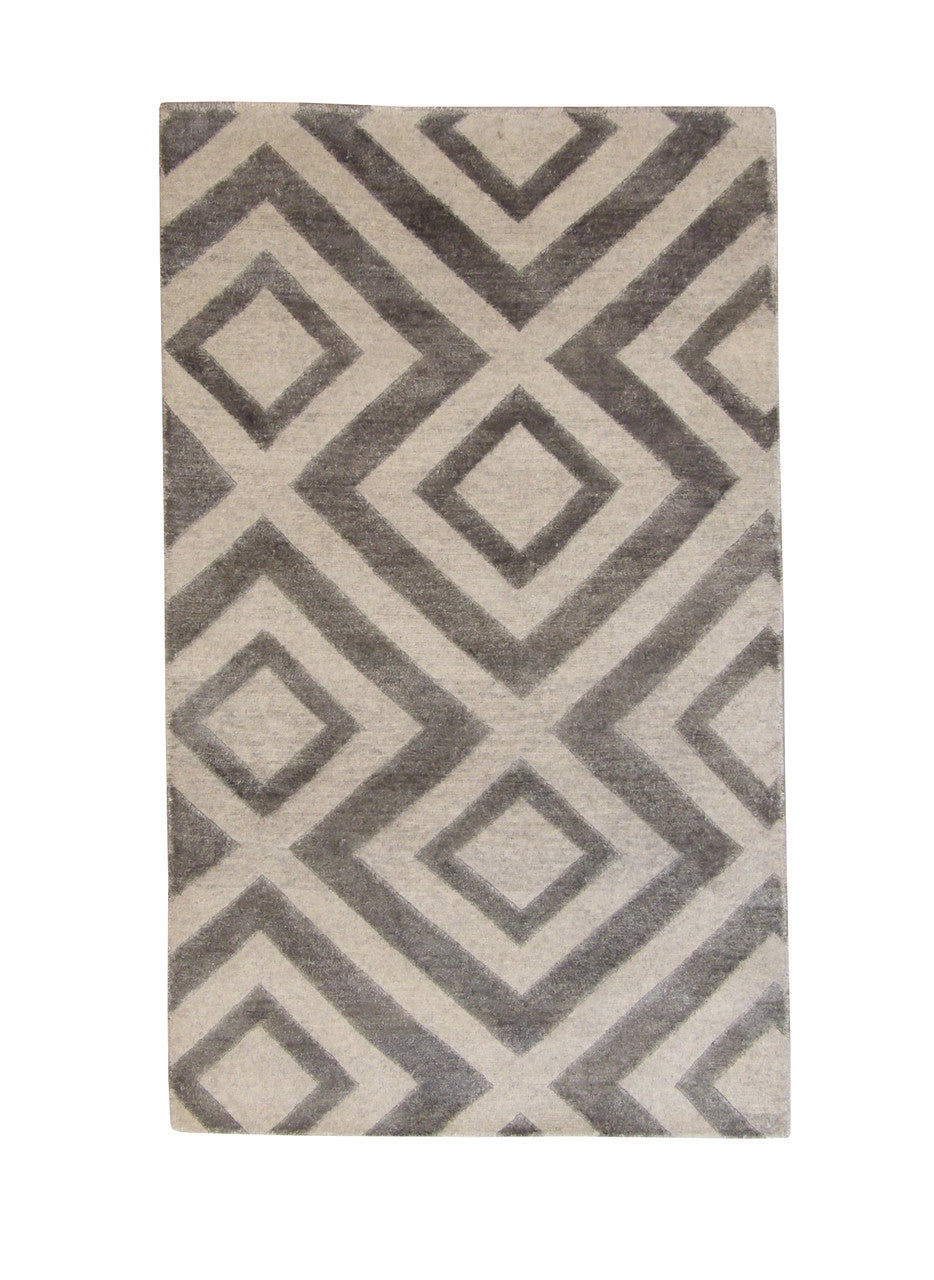 Modern Diamond Design hand-knotted wool-silk rug in Gray, full view