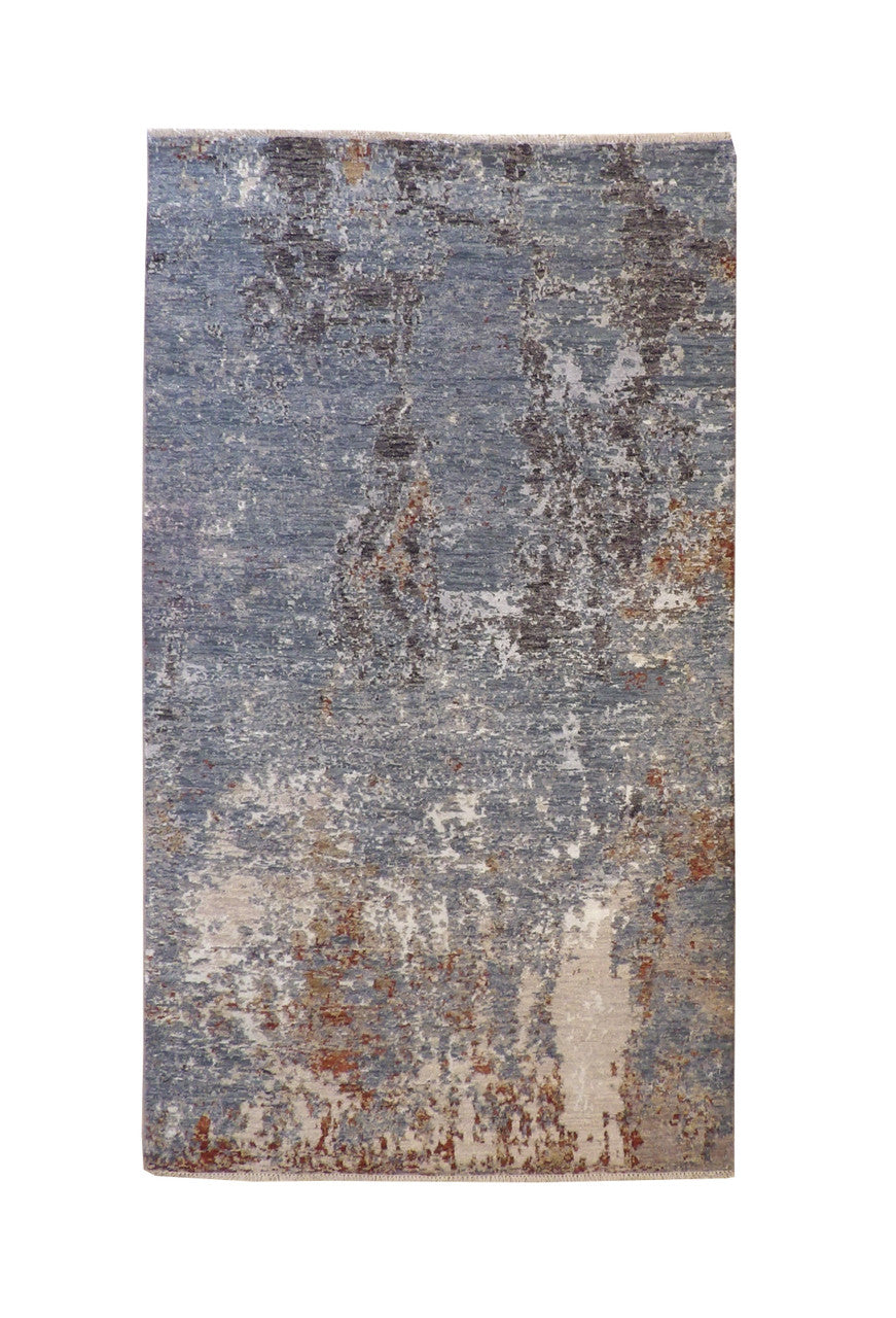 Modern / Contemporary hand-knotted wool/silk rug in Blue, 4'0" x 7'1", SKU w20170