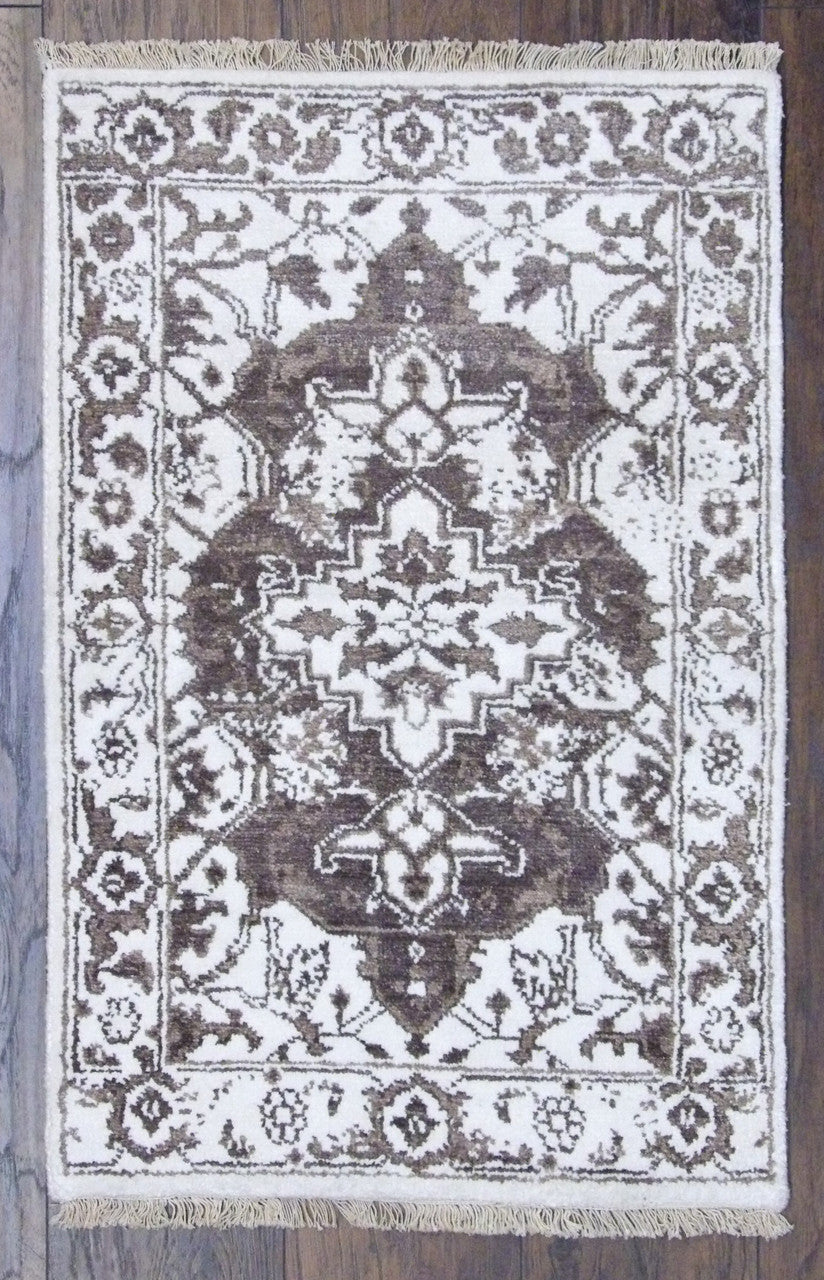 Oushak hand-knotted silk rug in Brown & White, full view