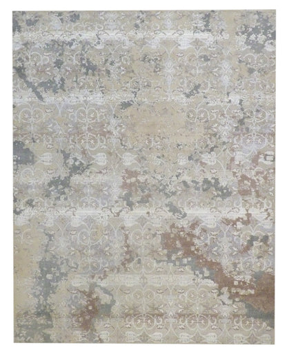 Vintage erase design hand-knotted wool-silk rug in green and beige, full view