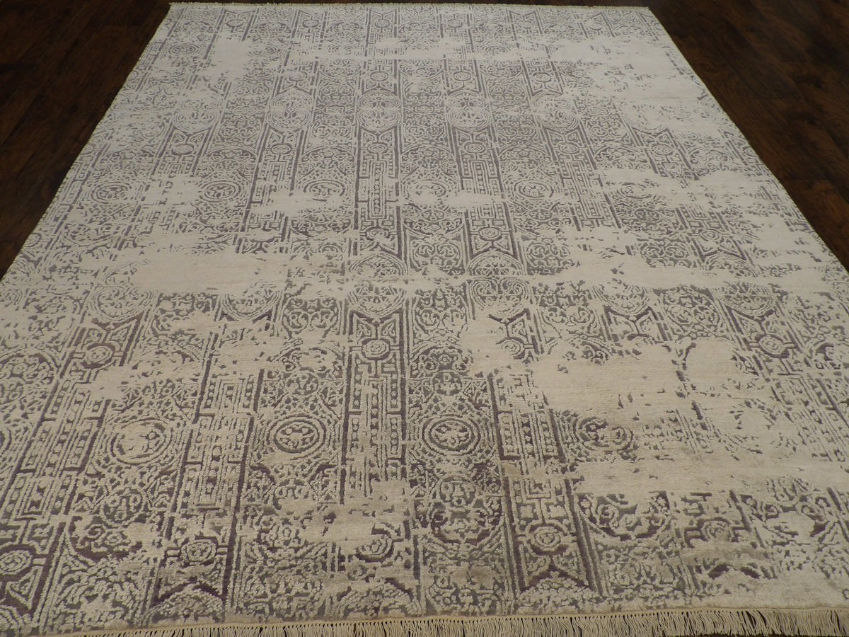 Close-up of wool-silk pile, Gray & Purple rug