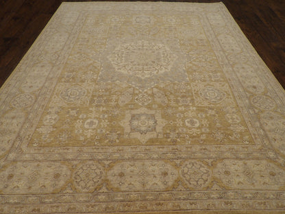 Close-up of wool pile, gold and gray rug
