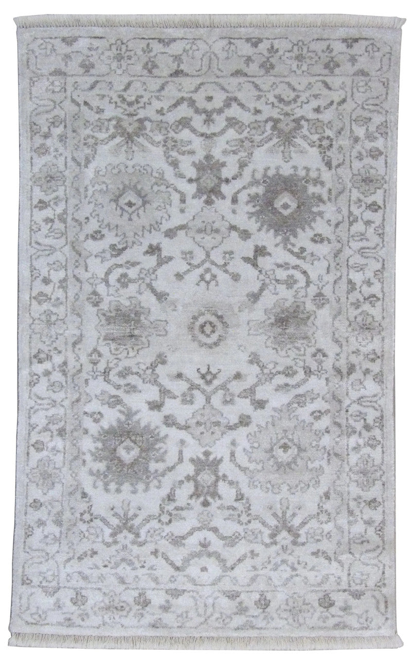 Silky Ziegler Oushak hand-knotted silk rug in Gray & Ivory, full view