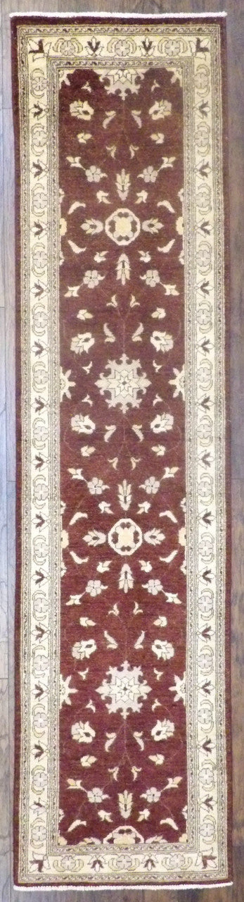 Oushak Chobi hand-knotted wool runner in brown and ivory, full view