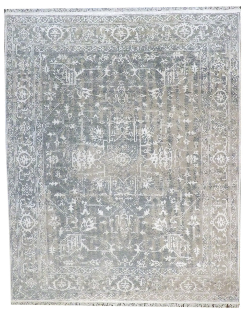 Oushak Sherapi Broken hand-knotted wool-silk rug in Green & Beige, full view