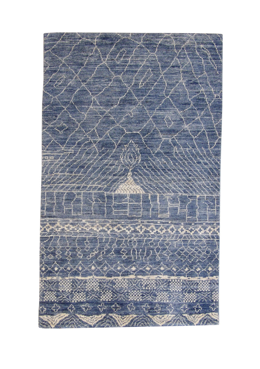 Transitional Abstract Broken Design hand-knotted wool rug in Blue & Beige, full view