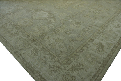 Green, Gray, Beige & Gold Oushak Chobi rug in room setting