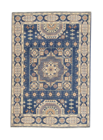 Tribal Super Kazak hand-knotted wool rug in Blue & Beige, full view