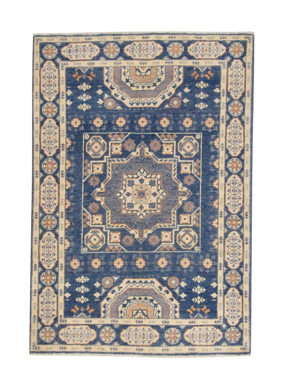 Tribal Super Kazak hand-knotted wool rug in Blue & Beige, full view
