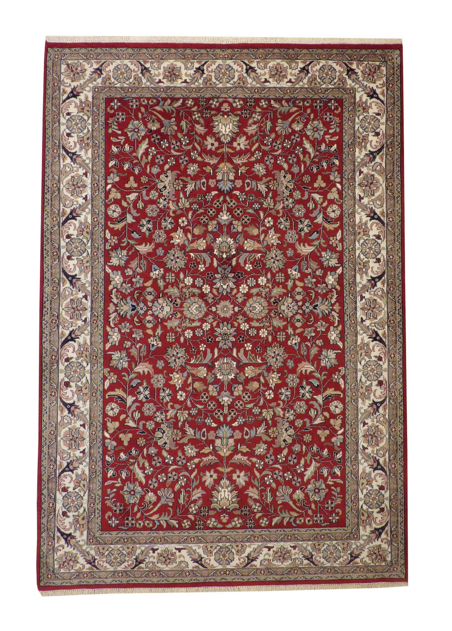 Traditional Indo Mahal hand-knotted wool rug in Beige & Red, full view