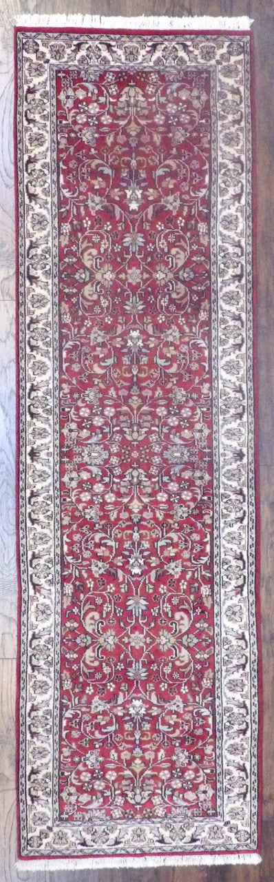 Fine Persian Kashan hand-knotted wool runner in beige and red, full view
