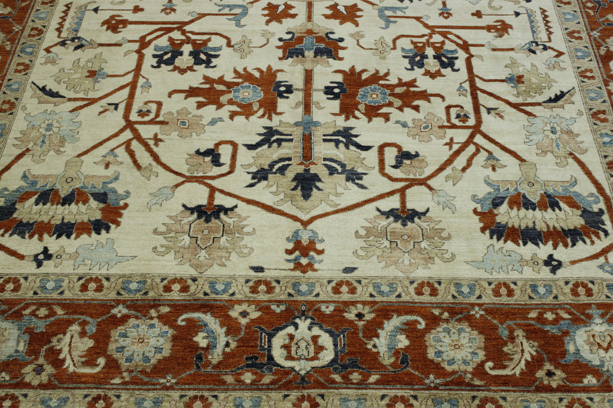 Tribal Fine Floral Sherapi hand-knotted wool rug in Beige & Rust, full view