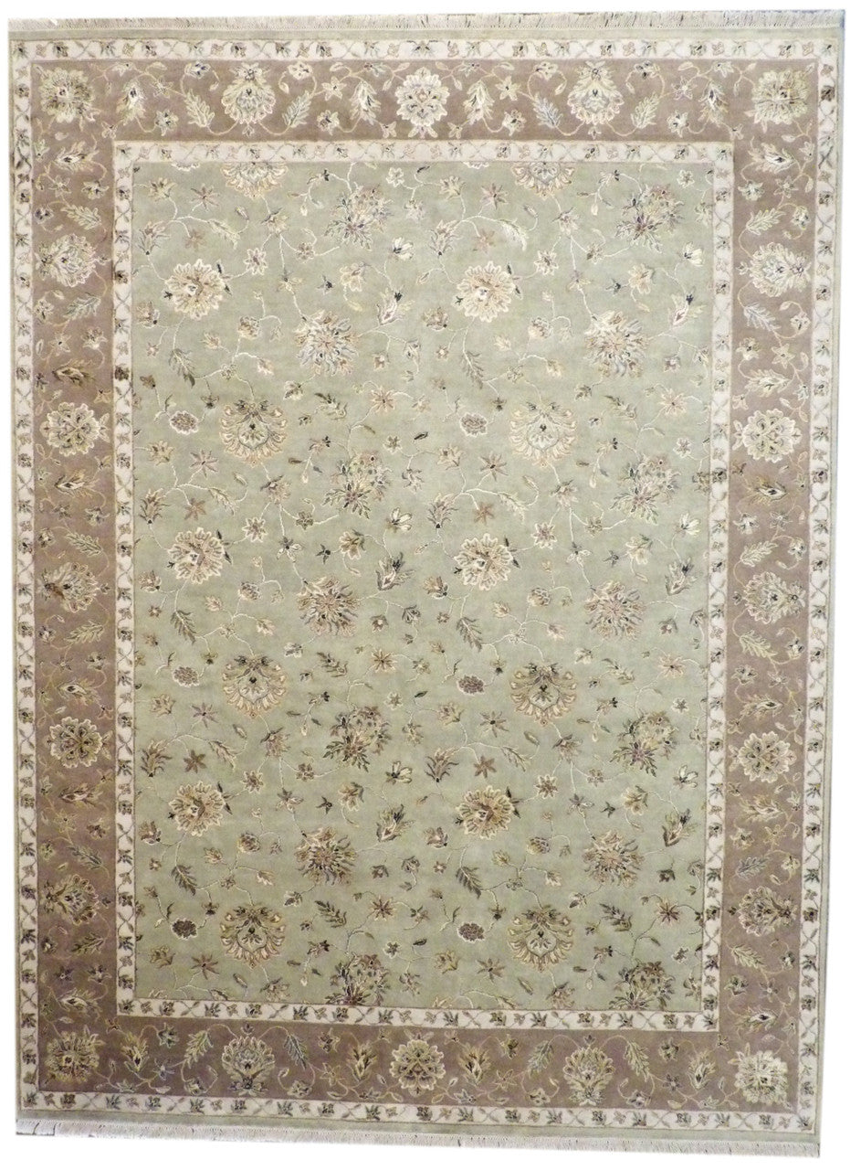 Fine Jaipur Kashan hand-knotted wool-silk rug in brown and green, full view
