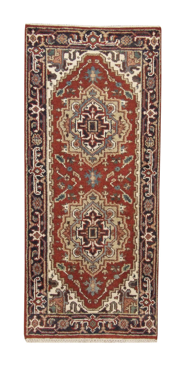 Tribal Indo Heriz hand-knotted wool rug in Rust, full view