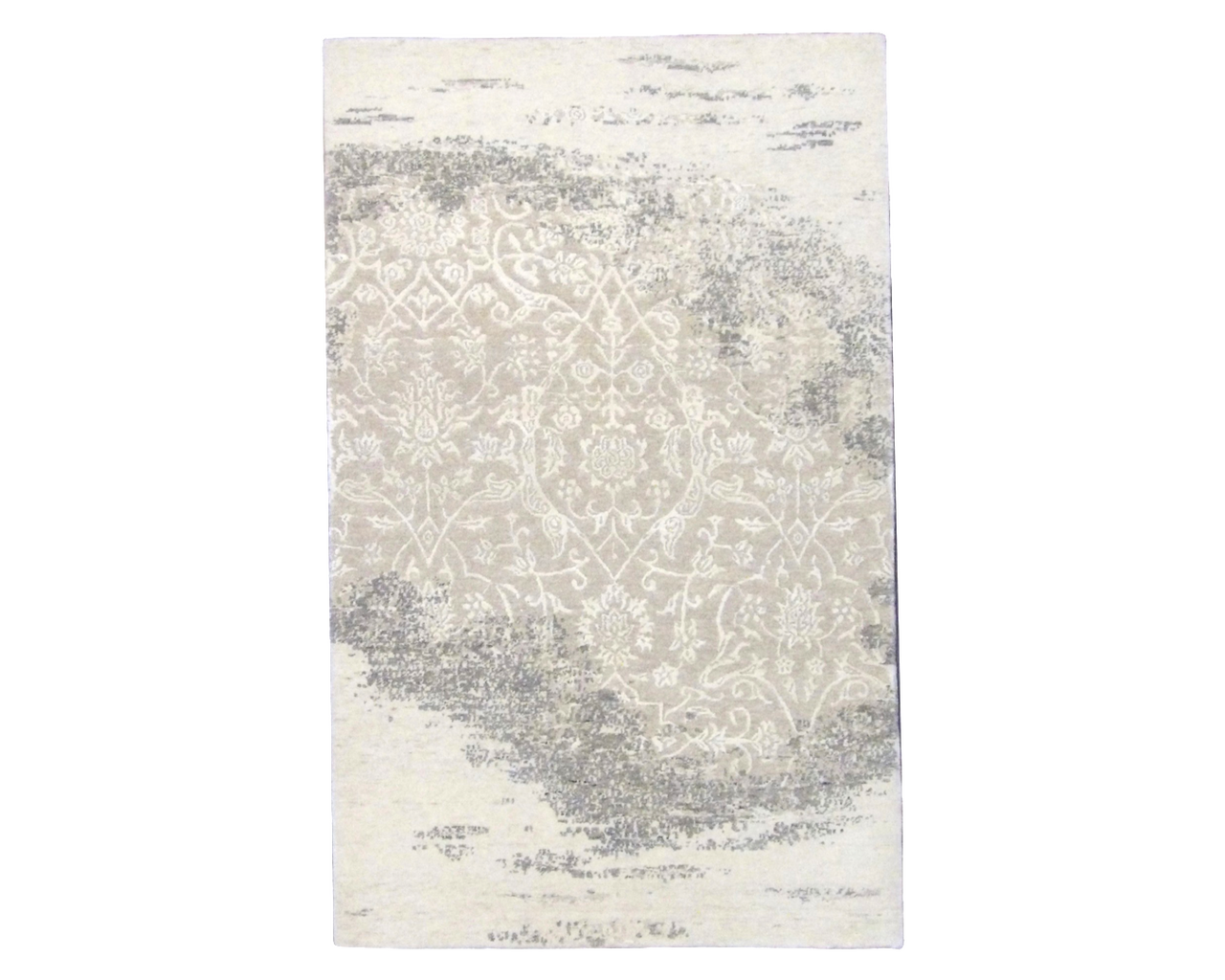 Modern Tibetan Sari Night Design hand-knotted wool-silk rug in Gray & Beige, full view