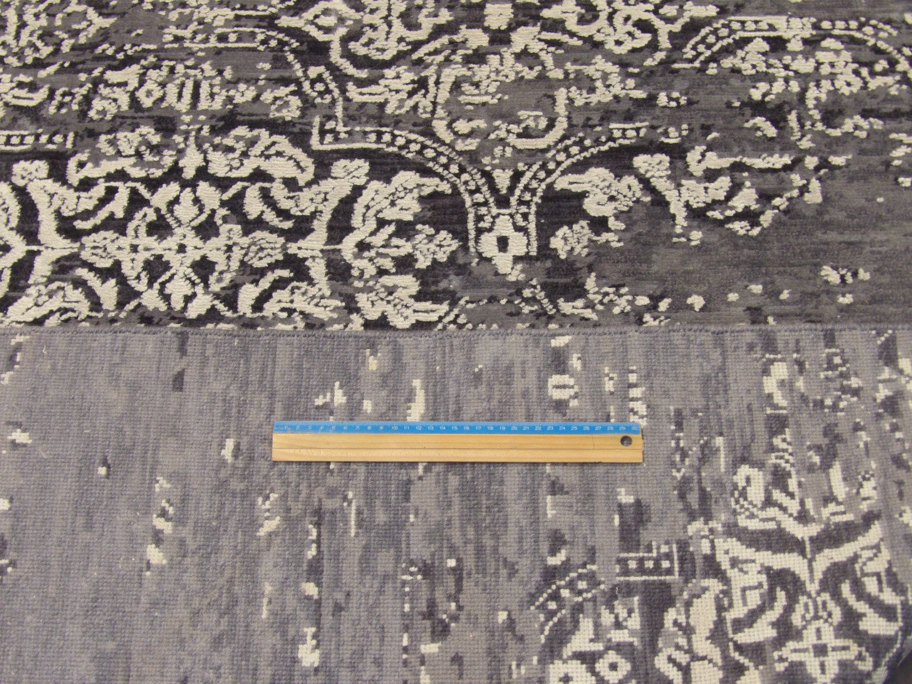 Black & Gray Modern Oxidized Broken Mosaic Design Carved rug in room setting